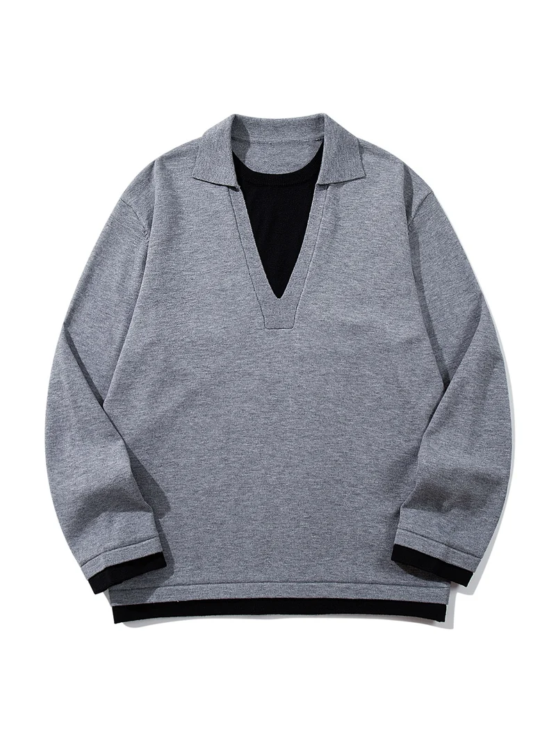 Unisex Lässiger Oversize Strickpullover mit tiefem V Einsatz und Hemd‑Layer Optik Nord Taschen