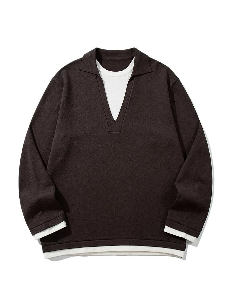 Unisex Lässiger Oversize Strickpullover mit tiefem V Einsatz und Hemd‑Layer Optik Nord Taschen