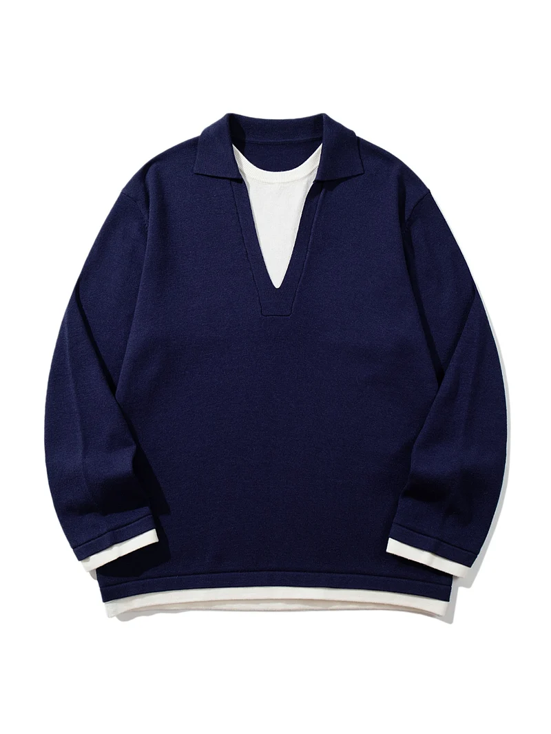 Unisex Lässiger Oversize Strickpullover mit tiefem V Einsatz und Hemd‑Layer Optik Nord Taschen