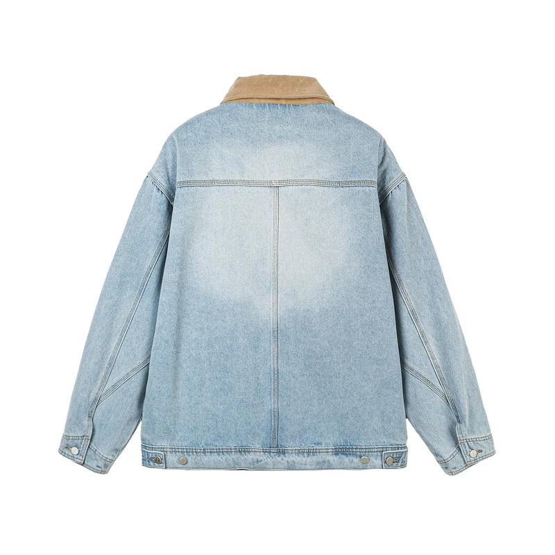 Damen Oversize-Denimjacke mit Velourslederkragen, verdecktem Reißverschluss und markanten Einstecktaschen Nord Taschen
