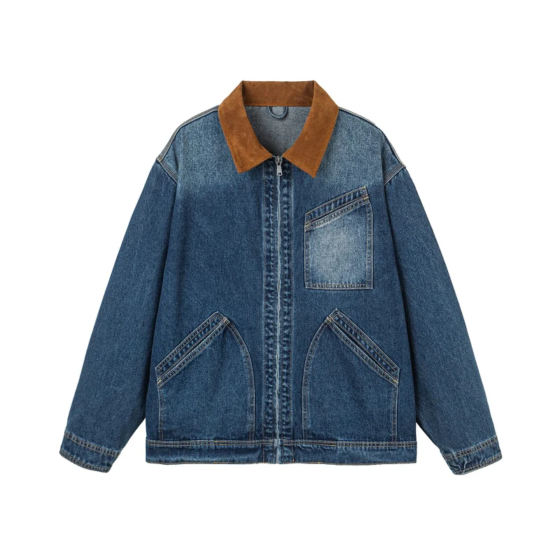 Damen Oversize-Denimjacke mit Velourslederkragen, verdecktem Reißverschluss und markanten Einstecktaschen Nord Taschen