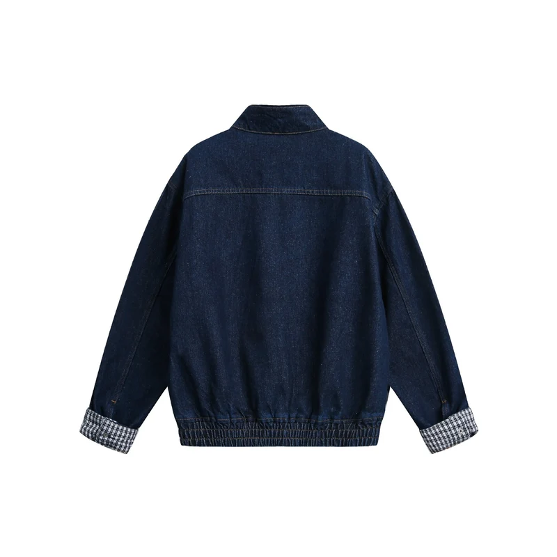 Damen Oversize-Denimjacke mit Stehkragen und Karo-Futter Nord Taschen