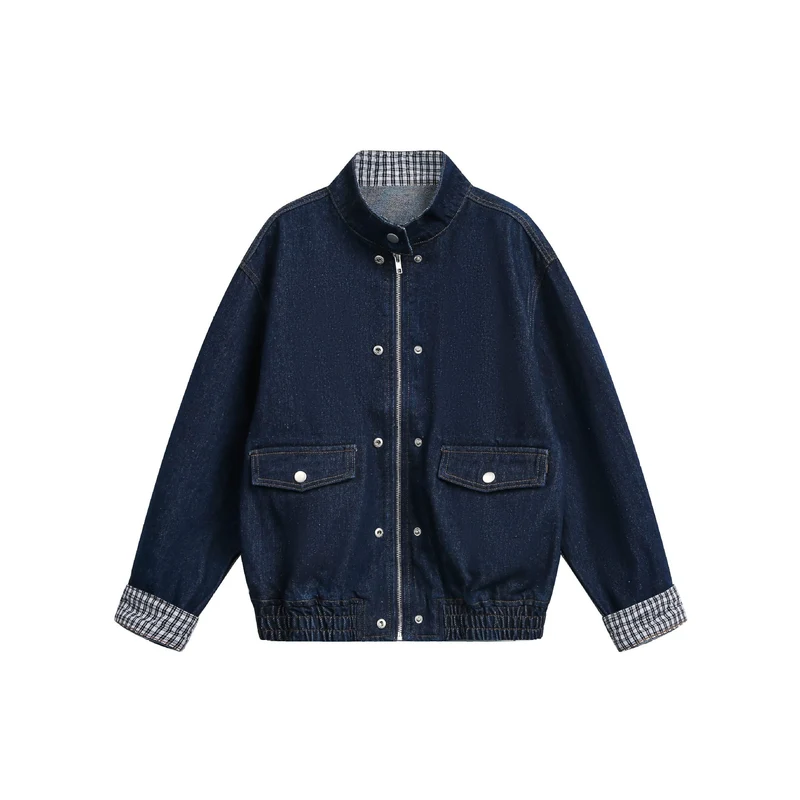 Damen Oversize-Denimjacke mit Stehkragen und Karo-Futter Nord Taschen