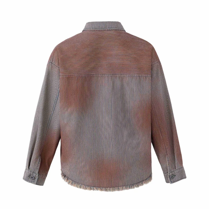 Damen Overshirt-Jacke aus gestreiftem Denim mit Fransen und Used-Details Nord Taschen
