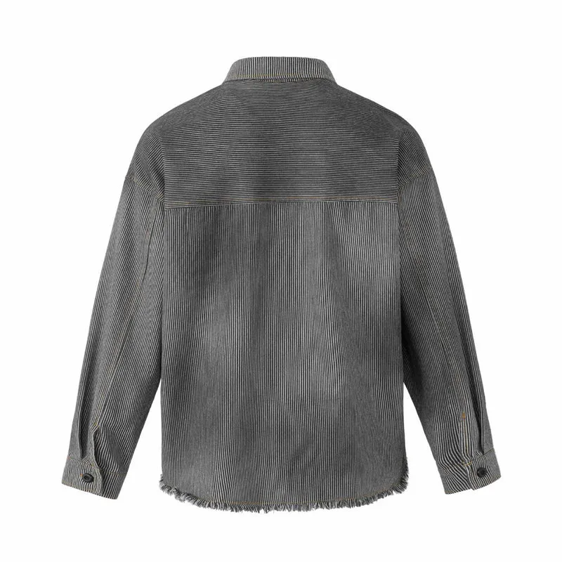 Damen Overshirt-Jacke aus gestreiftem Denim mit Fransen und Used-Details Nord Taschen