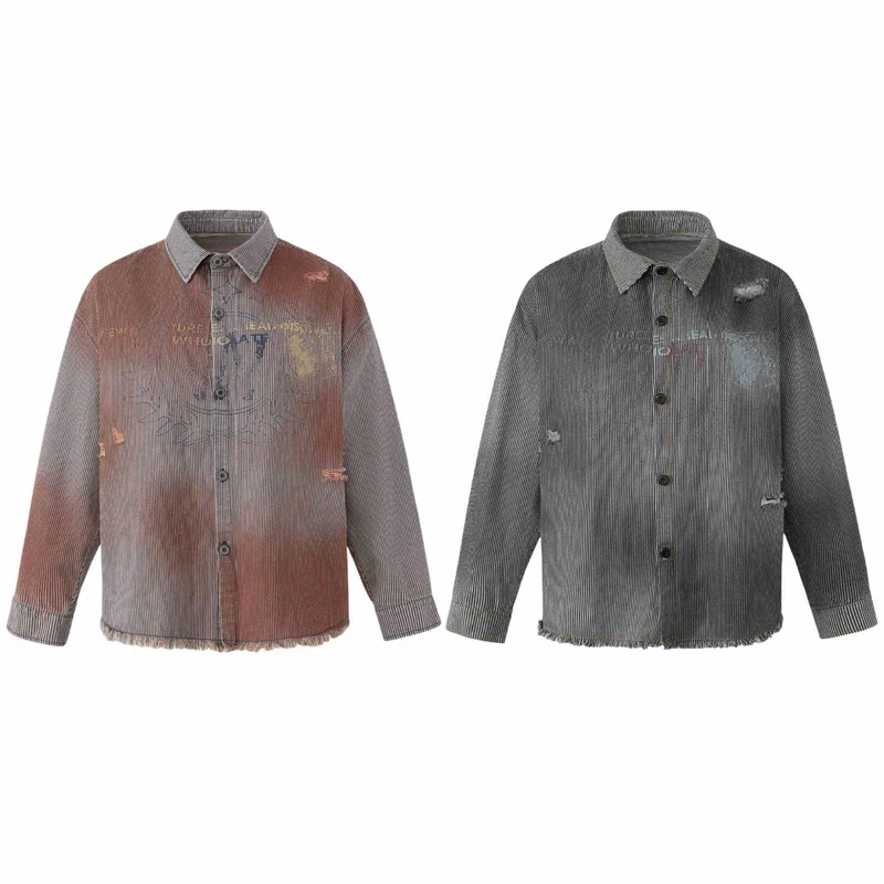 Damen Overshirt-Jacke aus gestreiftem Denim mit Fransen und Used-Details Nord Taschen