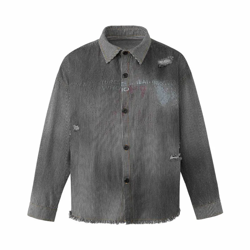 Damen Overshirt-Jacke aus gestreiftem Denim mit Fransen und Used-Details Nord Taschen