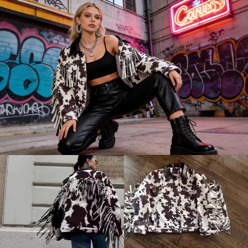 Damen Teddy-Truckerjacke mit Kuhfleckenmuster und Kunstlederkragen Nord Taschen