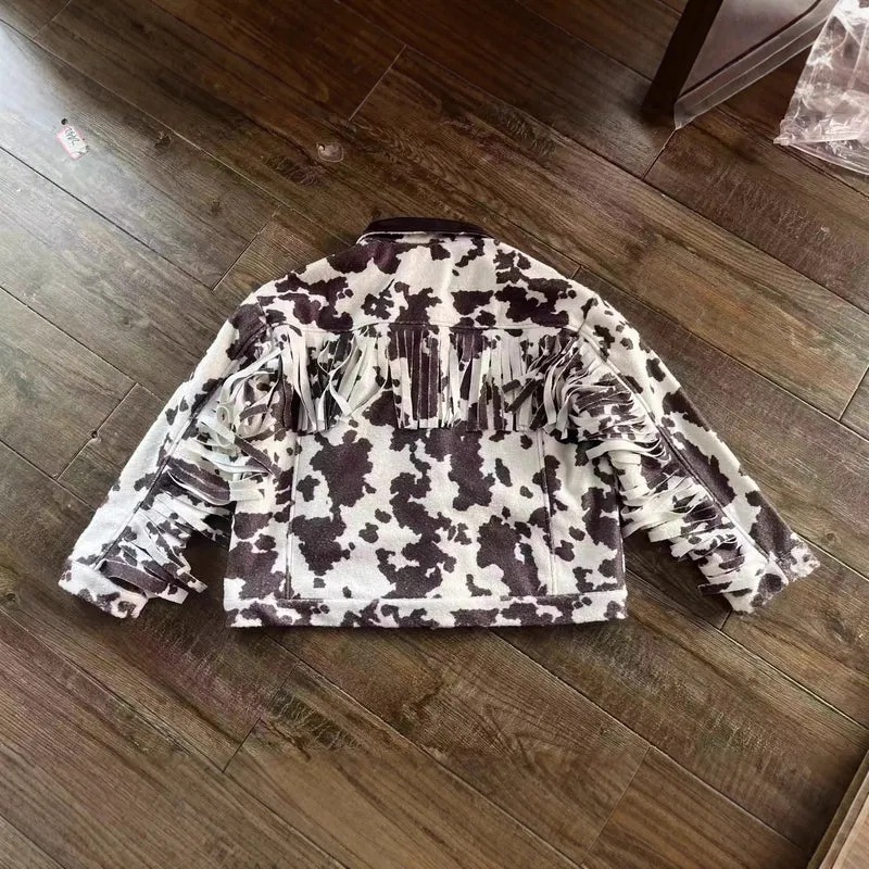 Damen Teddy-Truckerjacke mit Kuhfleckenmuster und Kunstlederkragen Nord Taschen