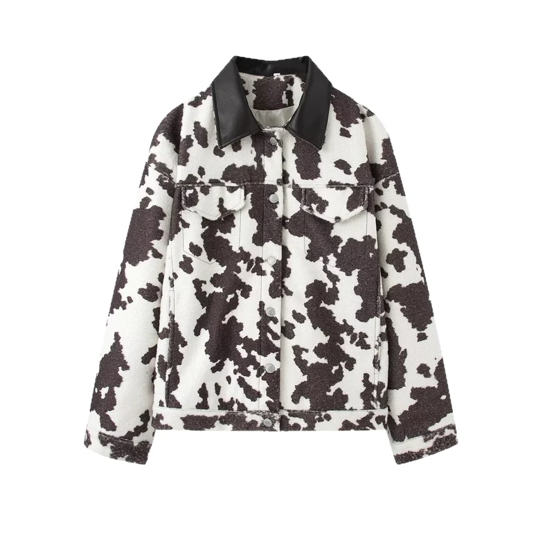 Damen Teddy-Truckerjacke mit Kuhfleckenmuster und Kunstlederkragen Nord Taschen