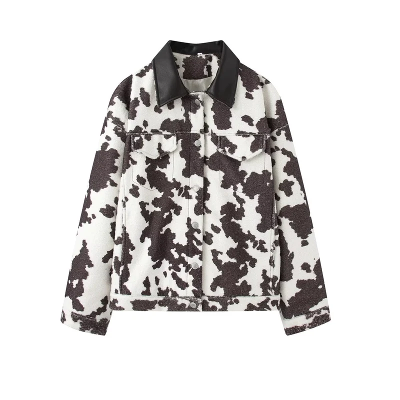 Damen Teddy-Truckerjacke mit Kuhfleckenmuster und Kunstlederkragen Nord Taschen