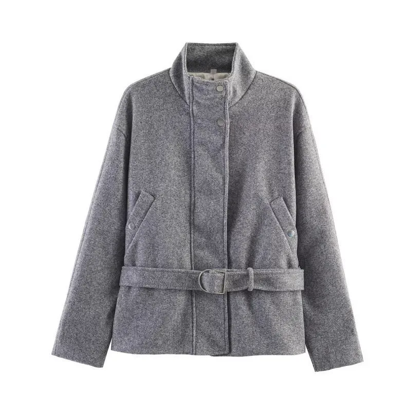 Damen Taillierter Wollmix-Kurzmantel mit Stehkragen und Bindegürtel Nord Taschen