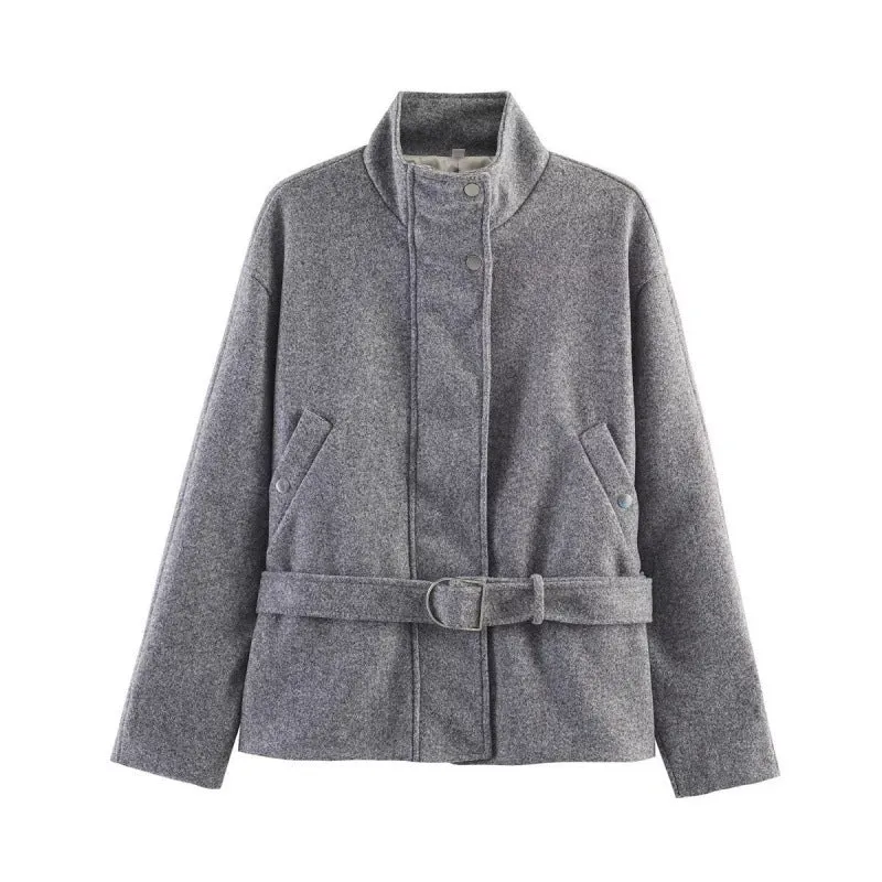 Damen Taillierter Wollmix-Kurzmantel mit Stehkragen und Bindegürtel Nord Taschen