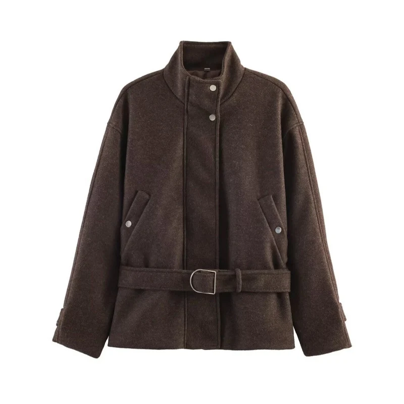 Damen Taillierter Wollmix-Kurzmantel mit Stehkragen und Bindegürtel Nord Taschen