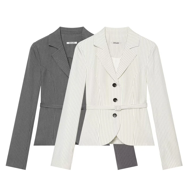 Damen Taillierter Nadelstreifen-Blazer mit Bindegürtel Nord Taschen