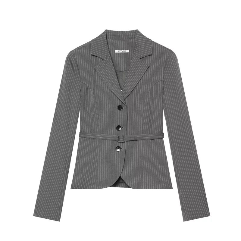 Damen Taillierter Nadelstreifen-Blazer mit Bindegürtel Nord Taschen