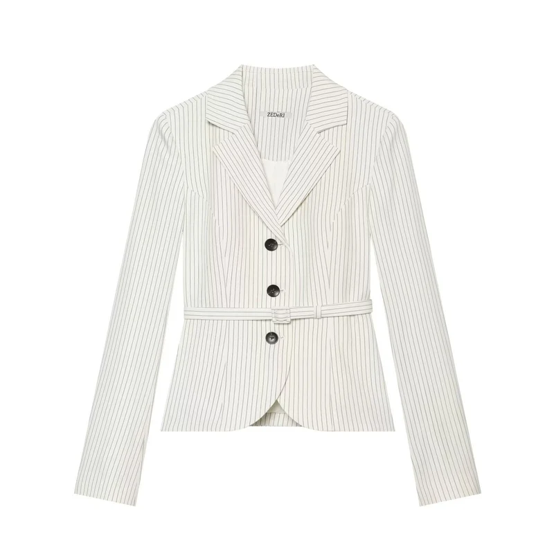 Damen Taillierter Nadelstreifen-Blazer mit Bindegürtel Nord Taschen