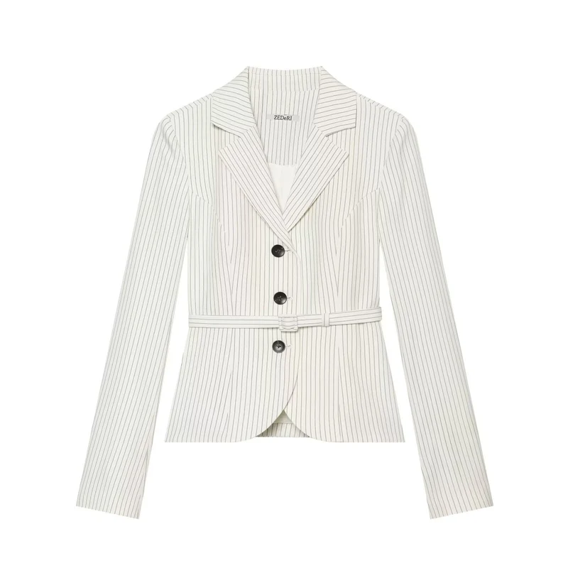 Damen Taillierter Nadelstreifen-Blazer mit Bindegürtel Nord Taschen