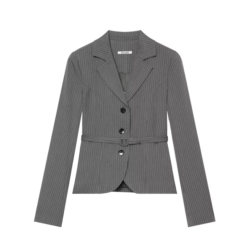 Damen Taillierter Nadelstreifen-Blazer mit Bindegürtel Nord Taschen