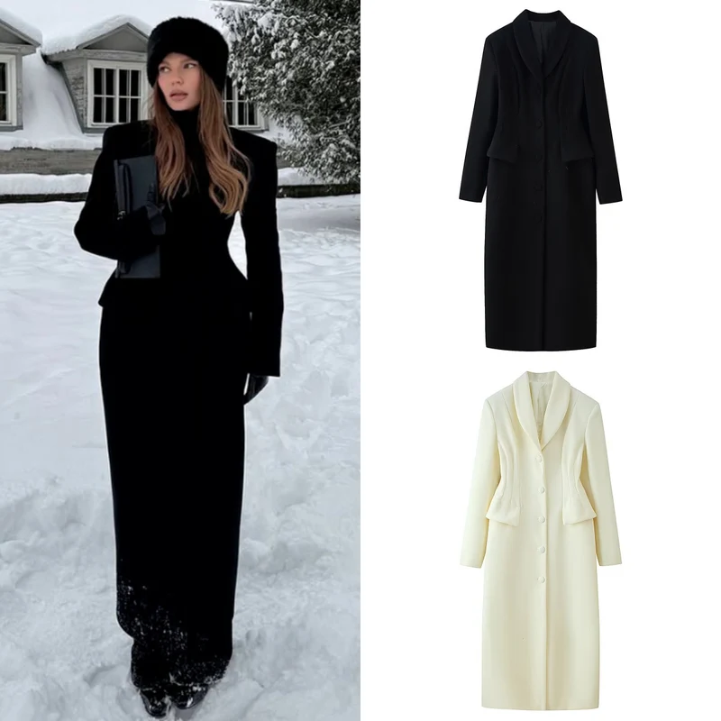 Damen taillierter langer Mantel mit Schalkragen und Peplum-Taille Nord Taschen