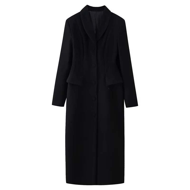 Damen taillierter langer Mantel mit Schalkragen und Peplum-Taille Nord Taschen