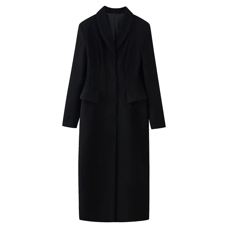 Damen taillierter langer Mantel mit Schalkragen und Peplum-Taille Nord Taschen