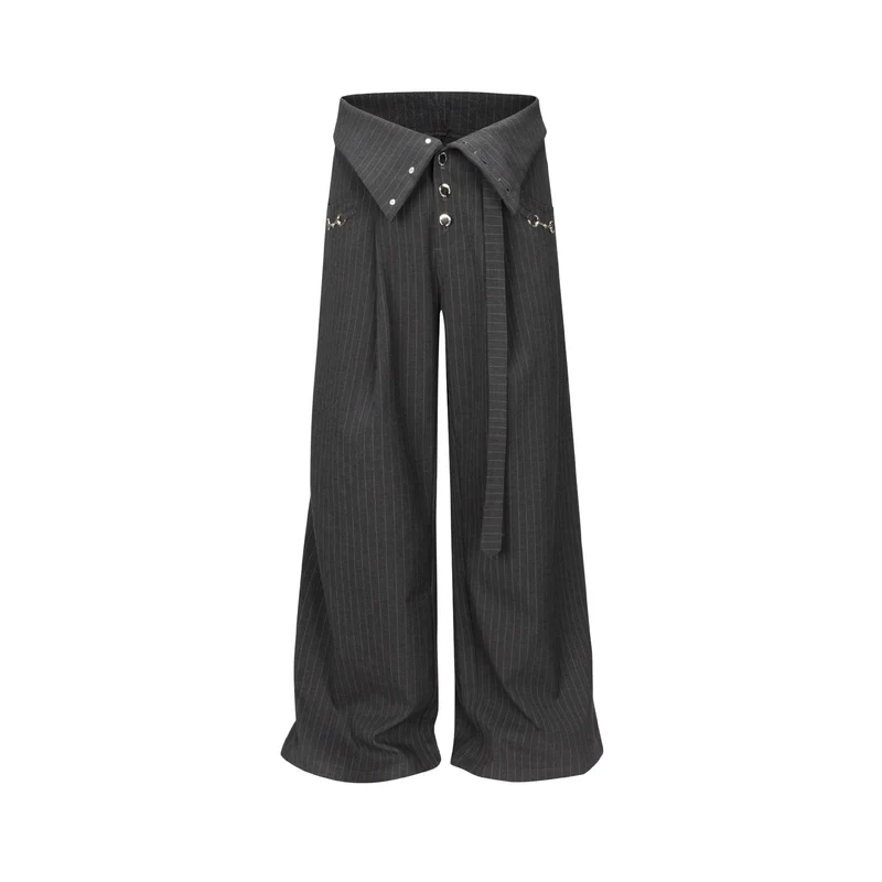 Damen Weite Bundfaltenhose mit Hemdkragen-Bund und Zierknöpfen Nord Taschen