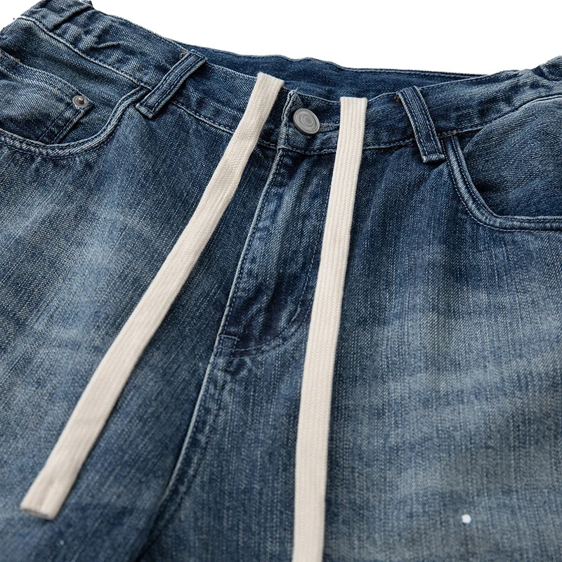 Damen Weit geschnittene High‑Waist Jeans mit Kordelzug, Farb‑Sprenkel und Used‑Waschung Nord Taschen