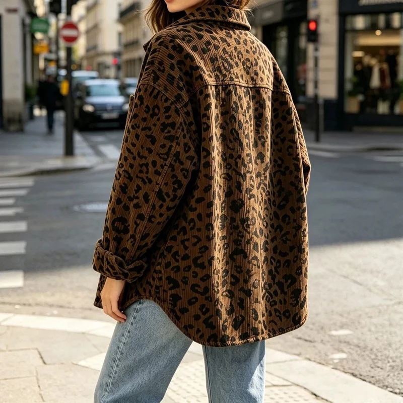 Damen Oversize Cord-Hemdenjacke mit Leopardenmuster und Druckknöpfen Nord Taschen