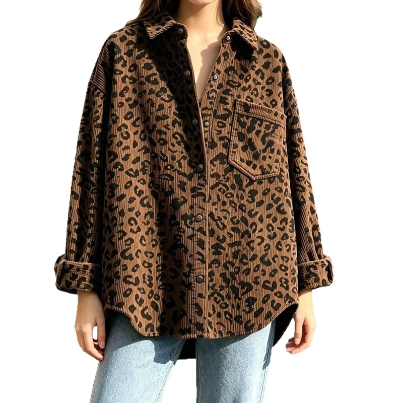 Damen Oversize Cord-Hemdenjacke mit Leopardenmuster und Druckknöpfen Nord Taschen