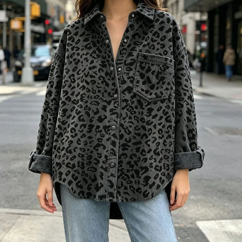 Damen Oversize Cord-Hemdenjacke mit Leopardenmuster und Druckknöpfen Nord Taschen