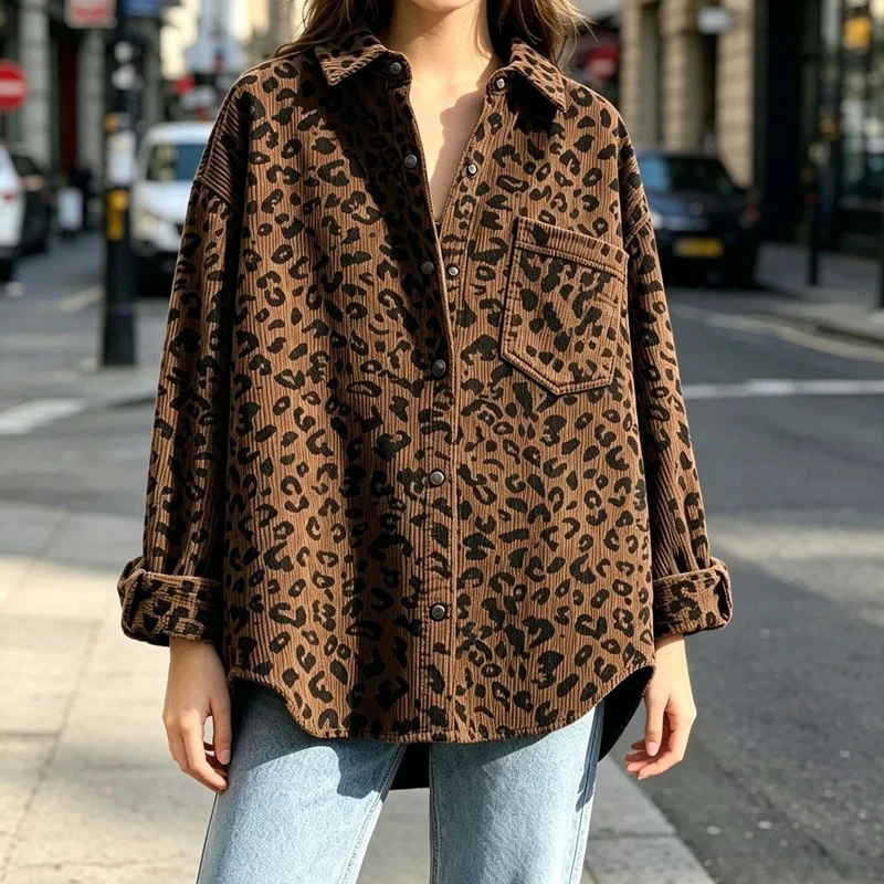 Damen Oversize Cord-Hemdenjacke mit Leopardenmuster und Druckknöpfen Nord Taschen