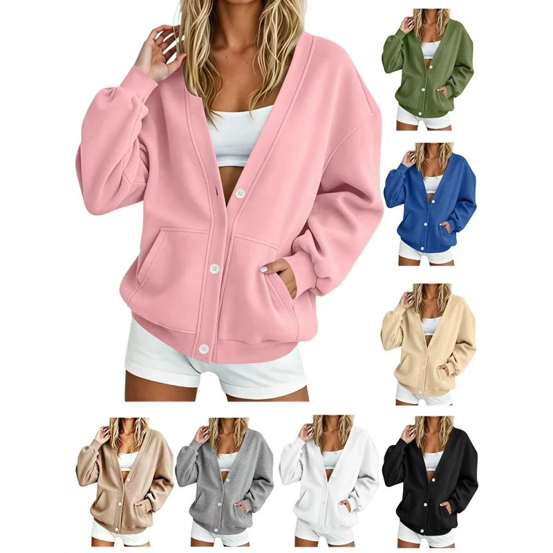 Damen Oversize-Cardigan aus Sweat mit V-Ausschnitt, Knopfleiste und Kängurutaschen Nord Taschen