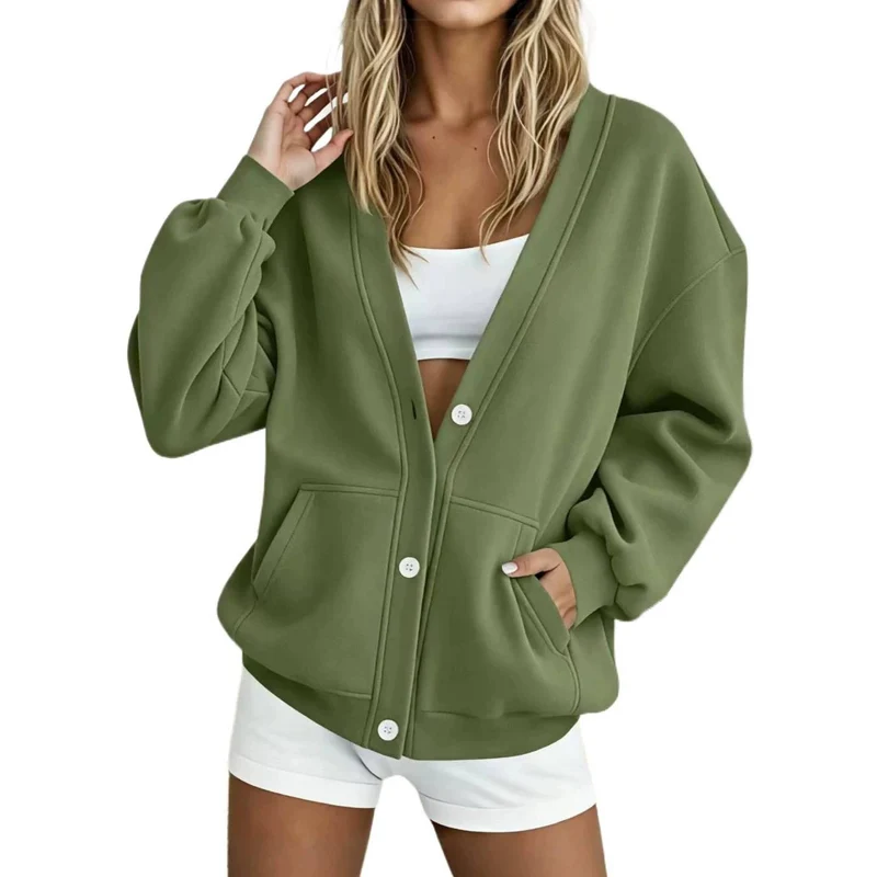 Damen Oversize-Cardigan aus Sweat mit V-Ausschnitt, Knopfleiste und Kängurutaschen Nord Taschen