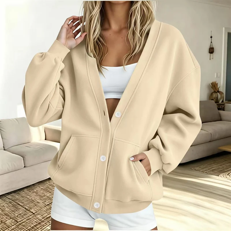 Damen Oversize-Cardigan aus Sweat mit V-Ausschnitt, Knopfleiste und Kängurutaschen Nord Taschen