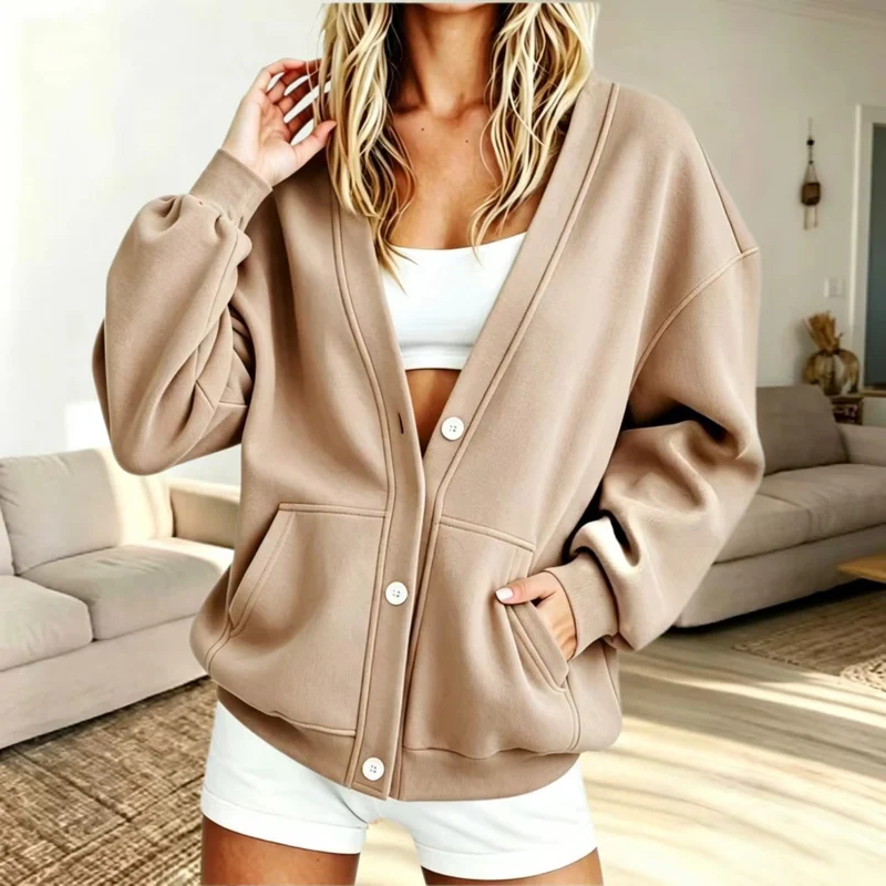 Damen Oversize-Cardigan aus Sweat mit V-Ausschnitt, Knopfleiste und Kängurutaschen Nord Taschen