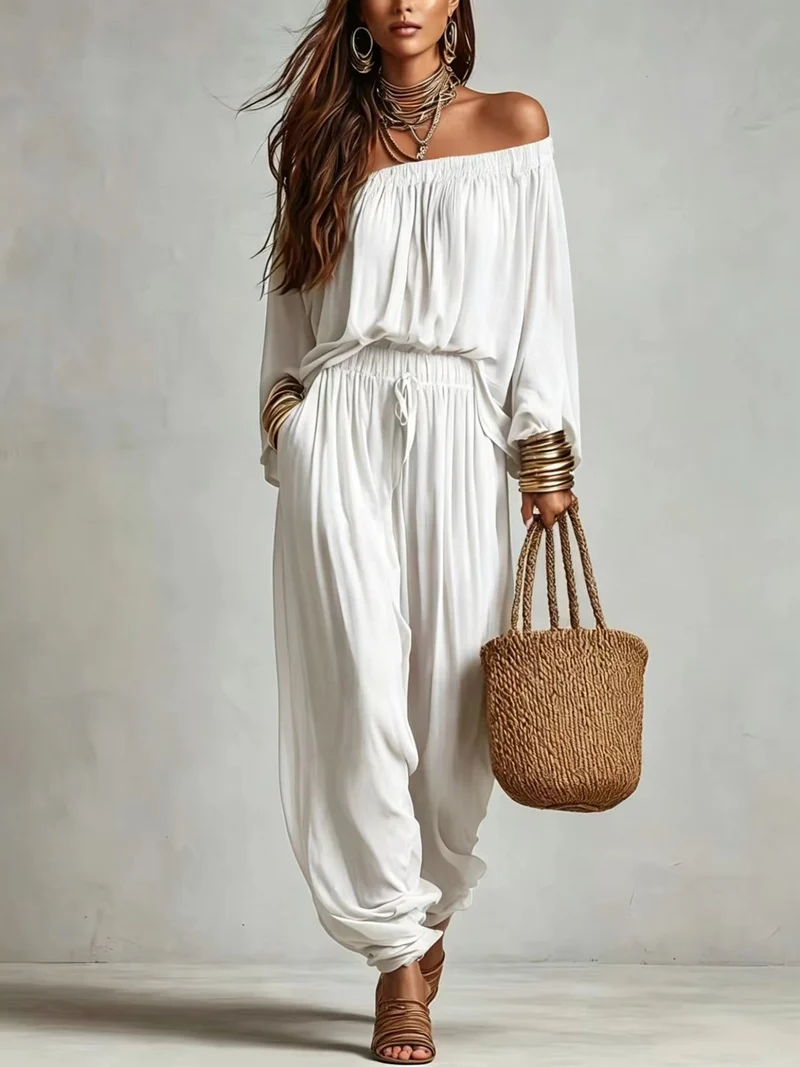 Damen Off-Shoulder Jumpsuit mit elastischem Taillenbund und weitem Plissee-Hosenbein Nord Taschen