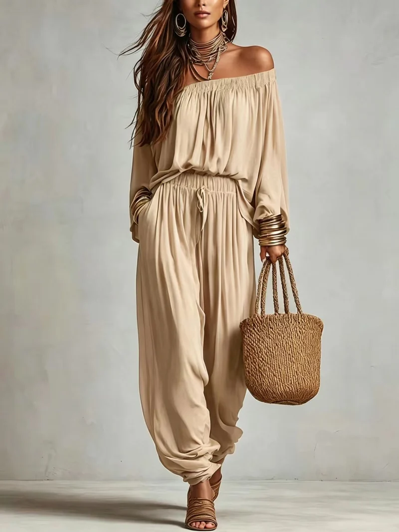 Damen Off-Shoulder Jumpsuit mit elastischem Taillenbund und weitem Plissee-Hosenbein Nord Taschen