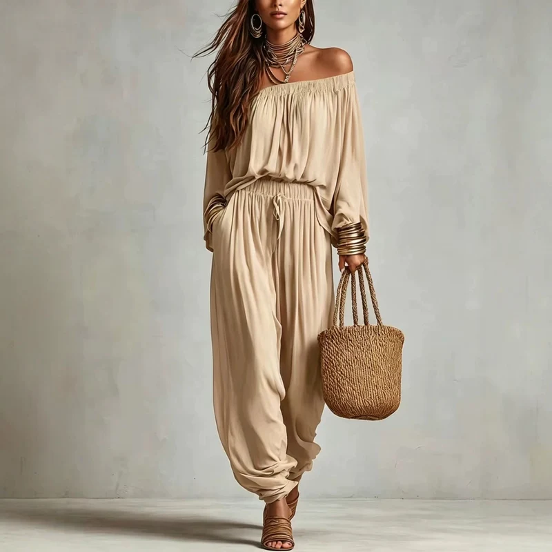 Damen Off-Shoulder Jumpsuit mit elastischem Taillenbund und weitem Plissee-Hosenbein Nord Taschen