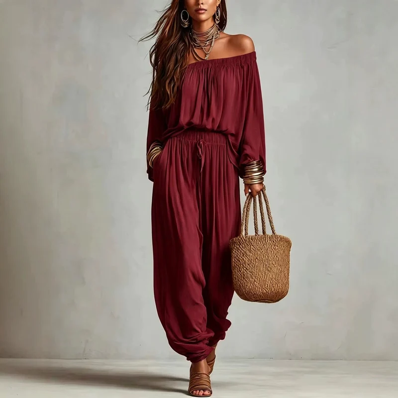 Damen Off-Shoulder Jumpsuit mit elastischem Taillenbund und weitem Plissee-Hosenbein Nord Taschen