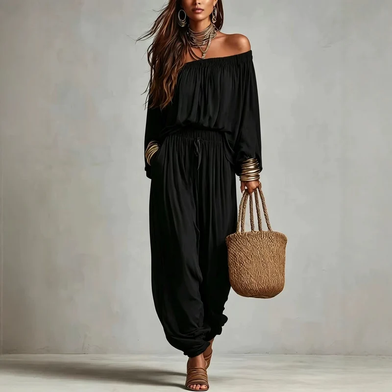 Damen Off-Shoulder Jumpsuit mit elastischem Taillenbund und weitem Plissee-Hosenbein Nord Taschen
