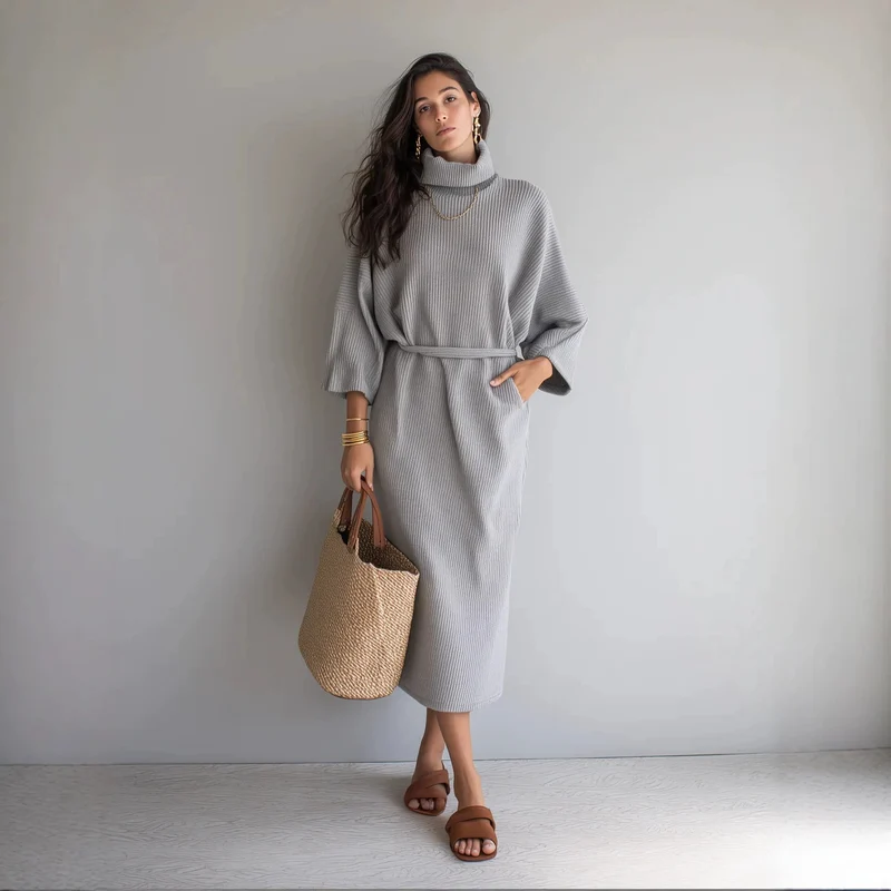 Damen Midilanges Rippenstrickkleid mit Rollkragen, Dreiviertelärmeln und Bindegürtel Nord Taschen