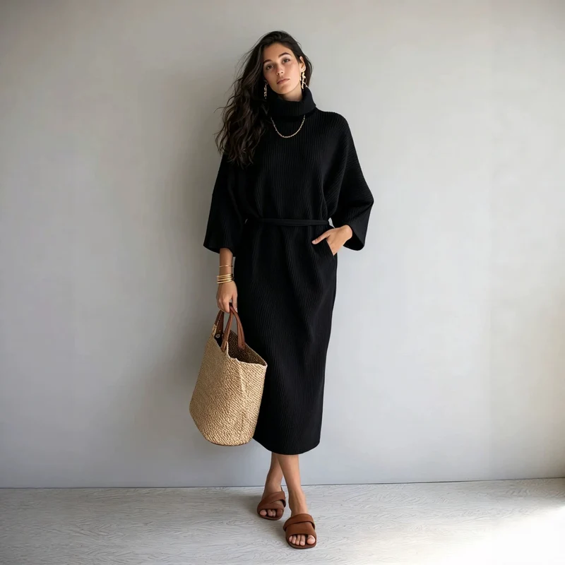 Damen Midilanges Rippenstrickkleid mit Rollkragen, Dreiviertelärmeln und Bindegürtel Nord Taschen