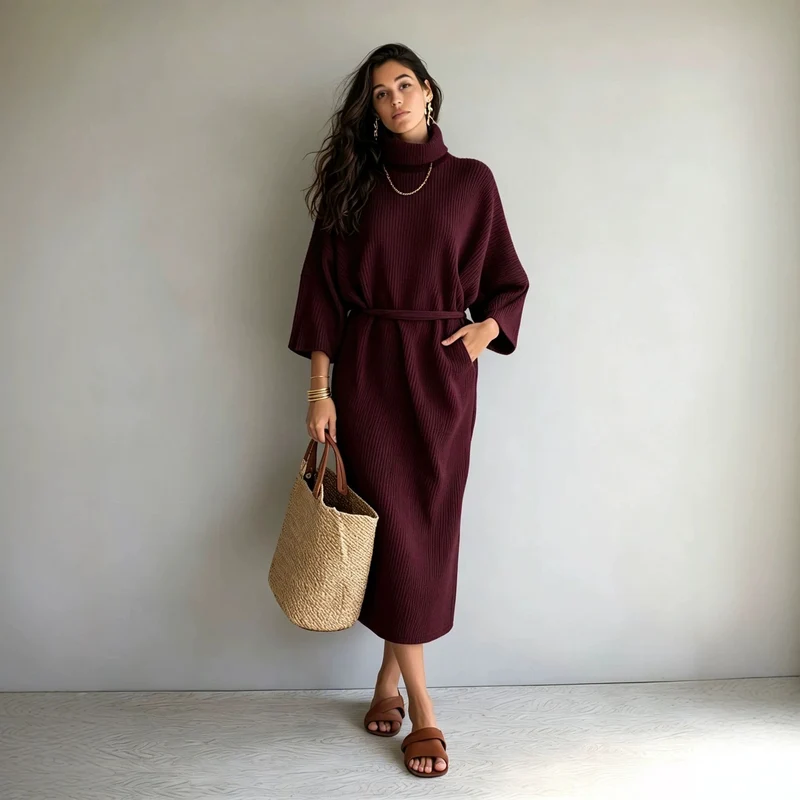 Damen Midilanges Rippenstrickkleid mit Rollkragen, Dreiviertelärmeln und Bindegürtel Nord Taschen