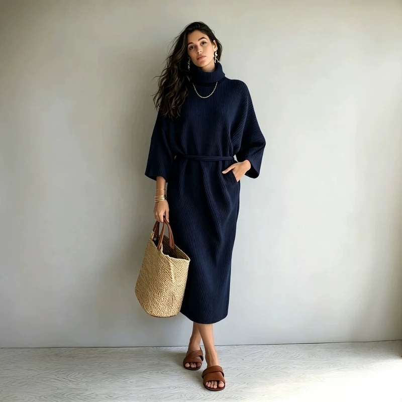 Damen Midilanges Rippenstrickkleid mit Rollkragen, Dreiviertelärmeln und Bindegürtel Nord Taschen