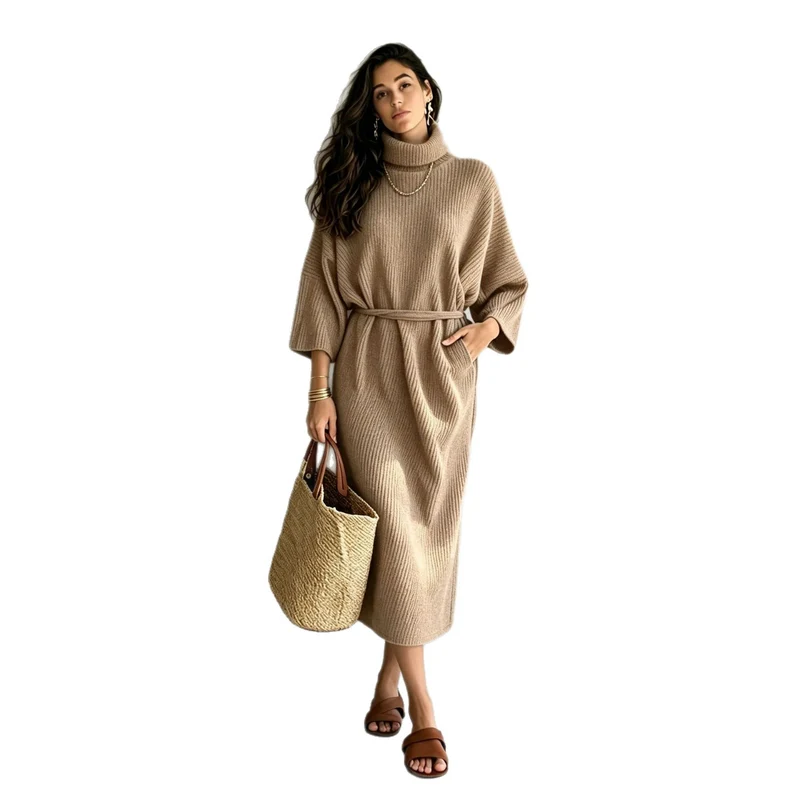 Damen Midilanges Rippenstrickkleid mit Rollkragen, Dreiviertelärmeln und Bindegürtel Nord Taschen