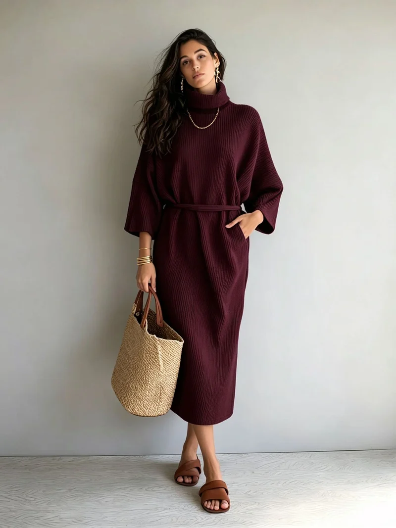 Damen Midilanges Rippenstrickkleid mit Rollkragen, Dreiviertelärmeln und Bindegürtel Nord Taschen