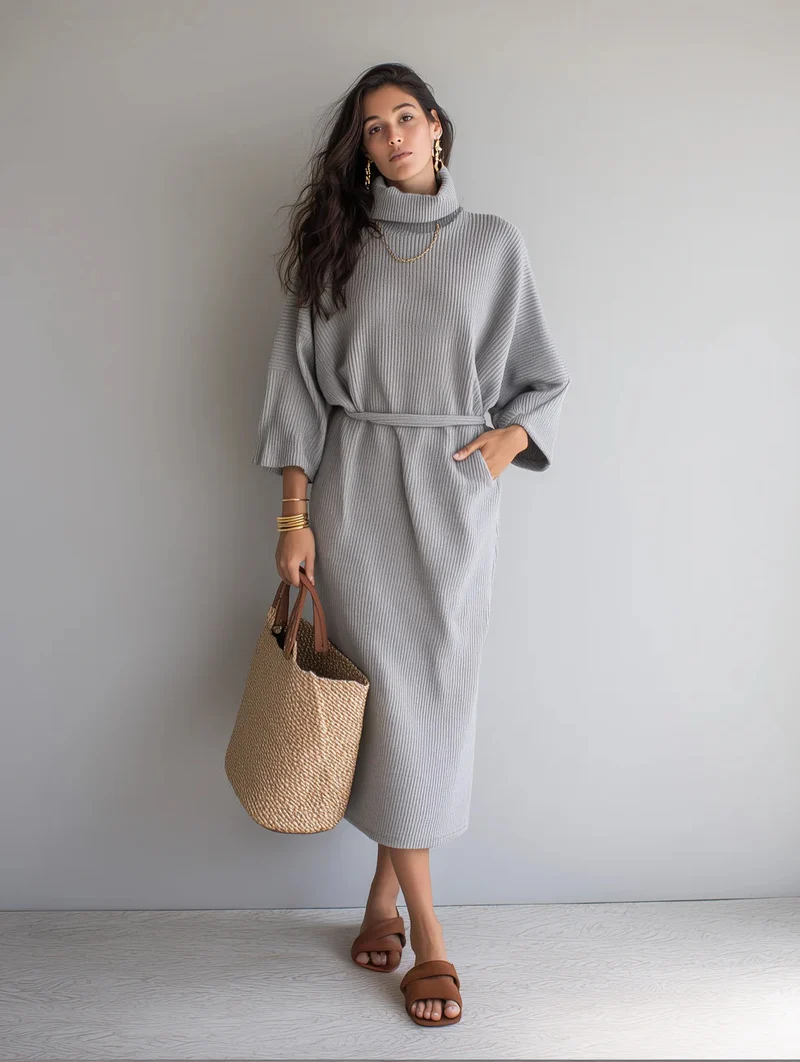 Damen Midilanges Rippenstrickkleid mit Rollkragen, Dreiviertelärmeln und Bindegürtel Nord Taschen