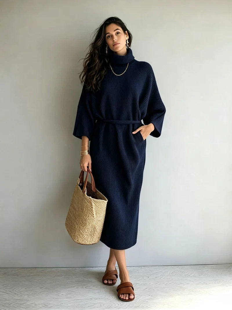 Damen Midilanges Rippenstrickkleid mit Rollkragen, Dreiviertelärmeln und Bindegürtel Nord Taschen