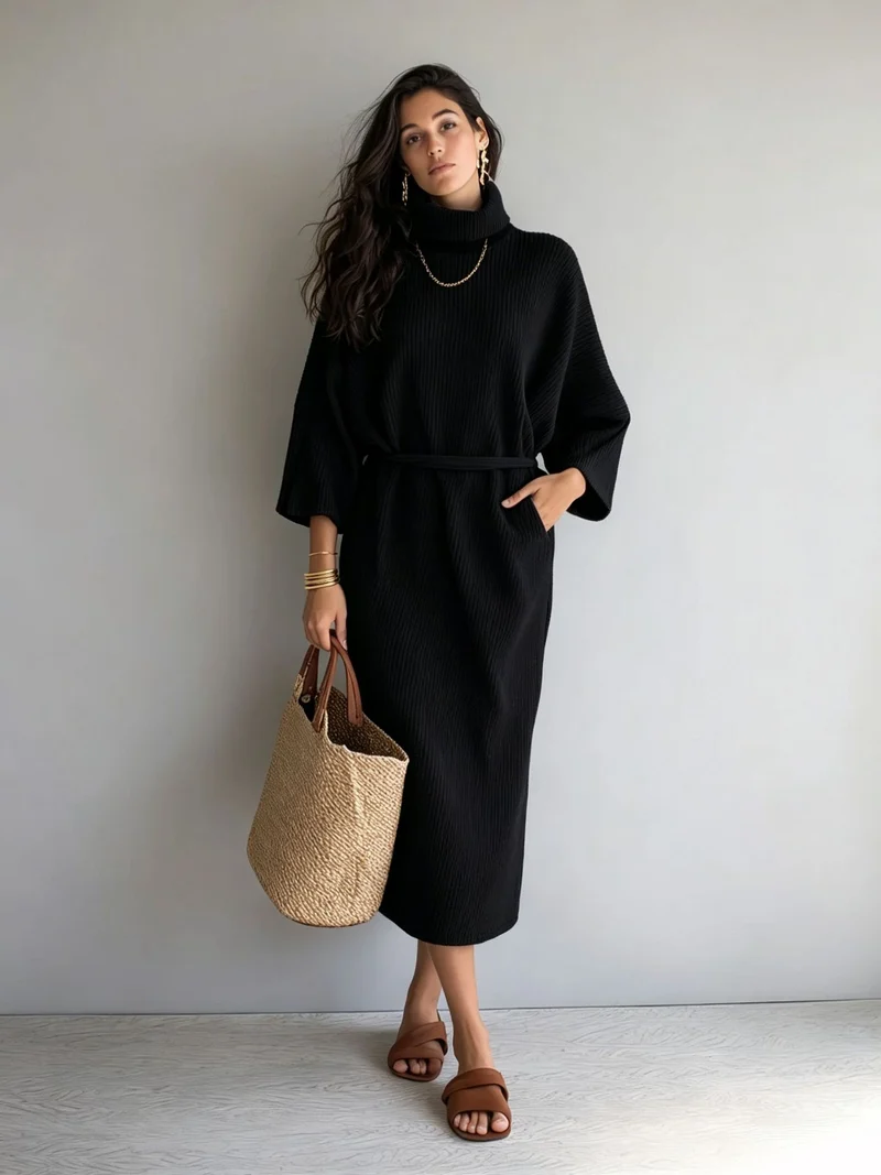 Damen Midilanges Rippenstrickkleid mit Rollkragen, Dreiviertelärmeln und Bindegürtel Nord Taschen
